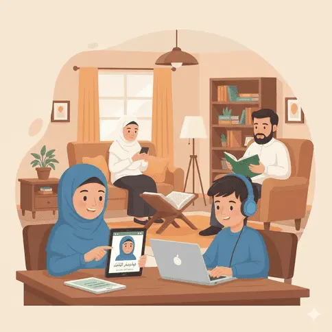 Smiling girl student holding the Holy Quran during online Quran class